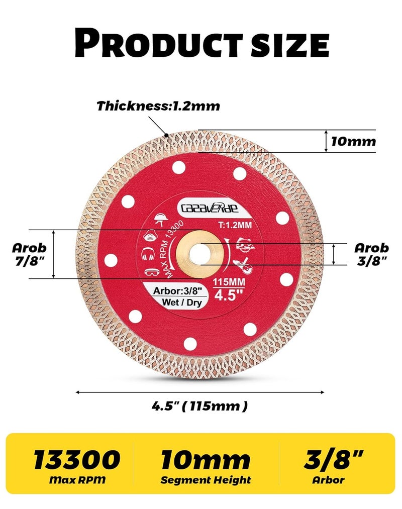 Casaverde 4.5" Super Thin Diamond Tile Blade with 3/8" Arbor,Cutting for Granite Marble Ceramic Porcelain Tiles - Image 3